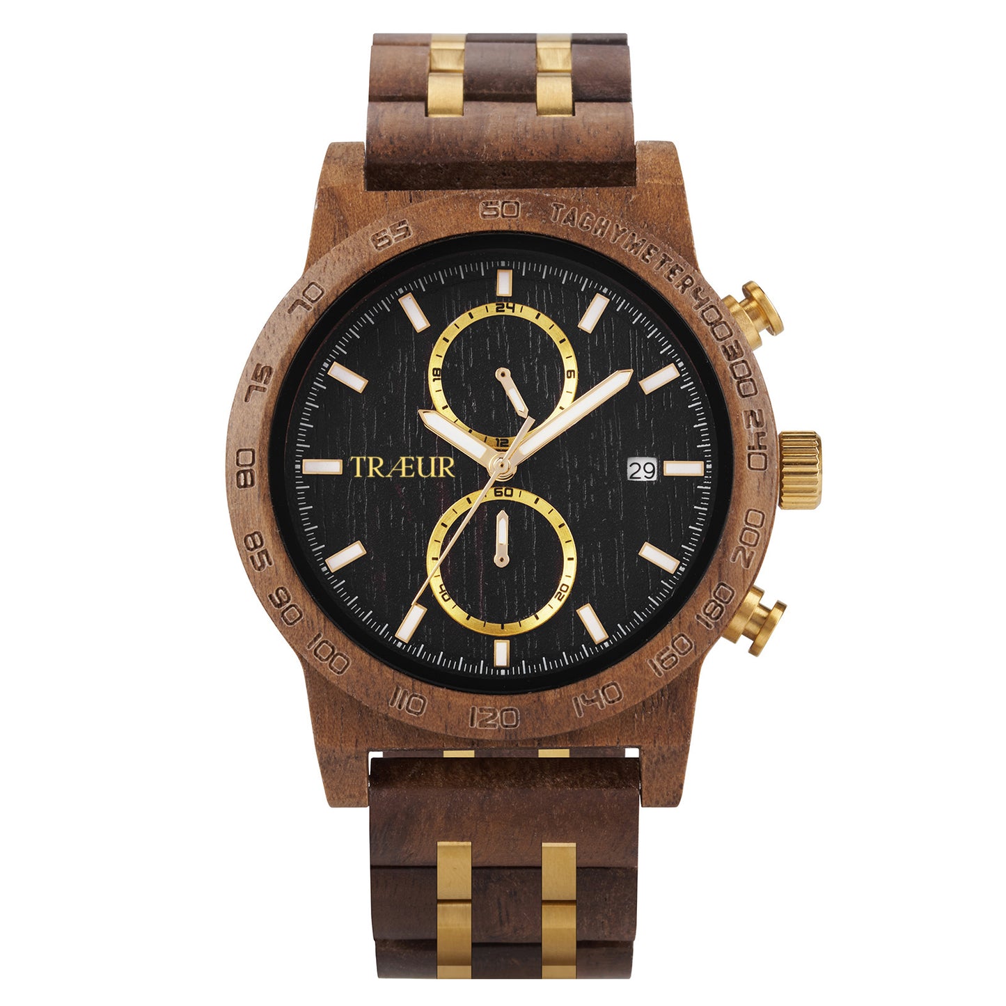 Wooden wristwatch with black dial, gold accents, date display, and tachymeter bezel