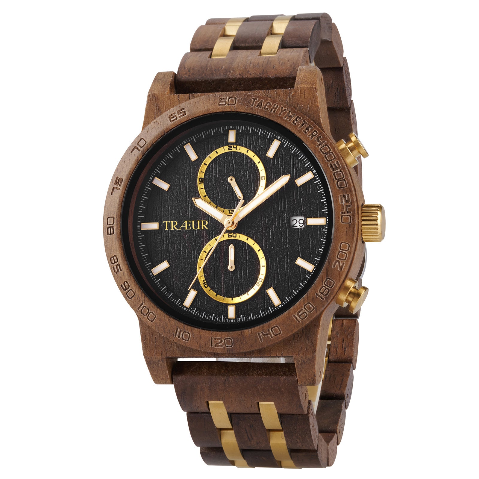 TRÆUR men's wooden wristwatch with black dial, gold accents, tachymeter bezel, and date display