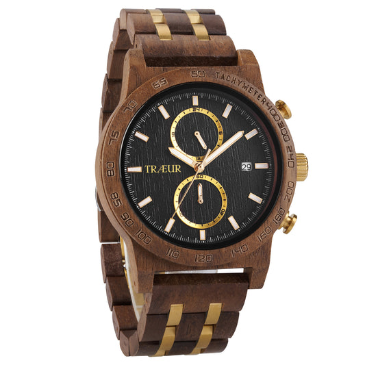 Men's wooden wristwatch with black dial, gold accents, tachymeter bezel, and date display