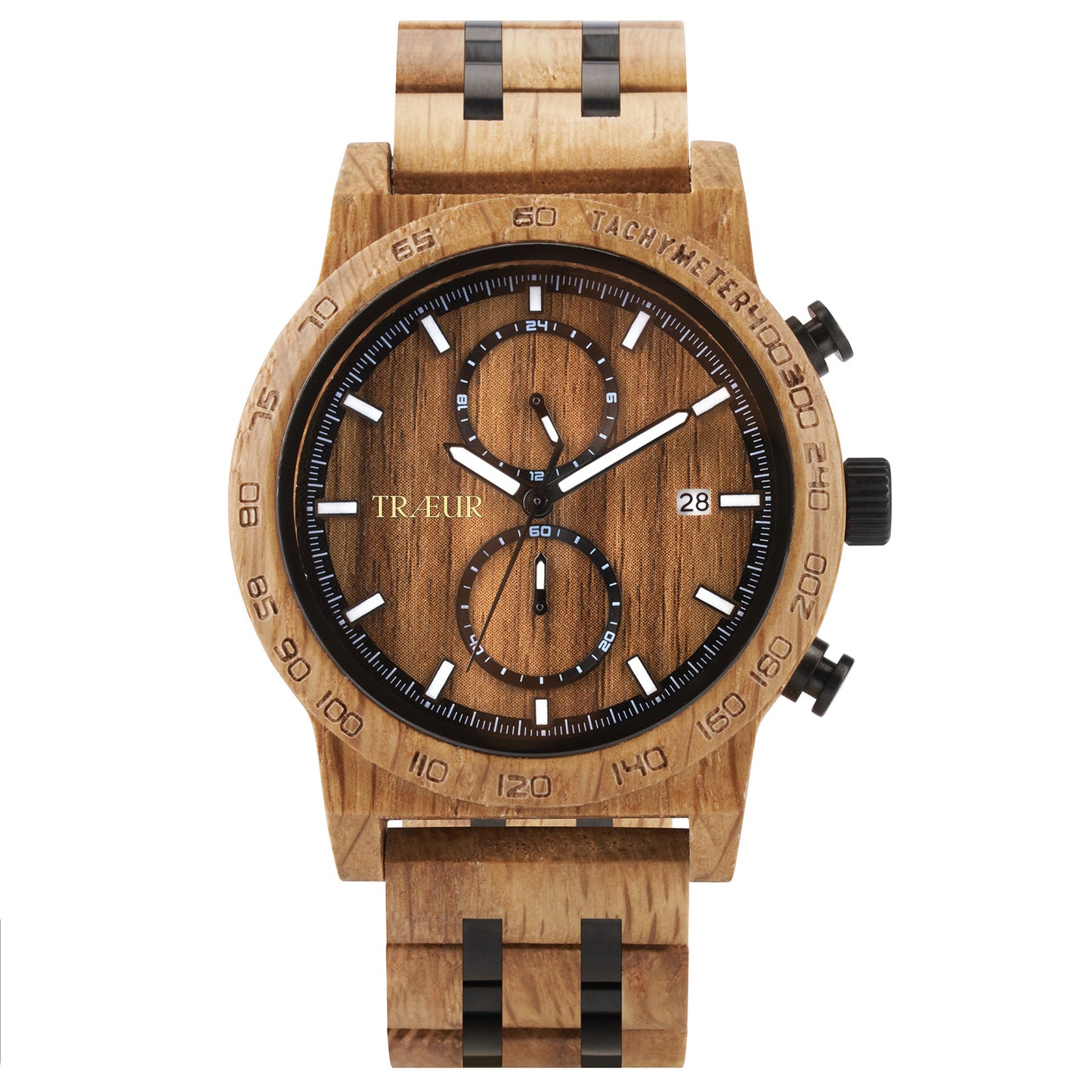 Wooden wristwatch with black accents, tachymeter bezel, dual subdials, and date display at 3 o'clock