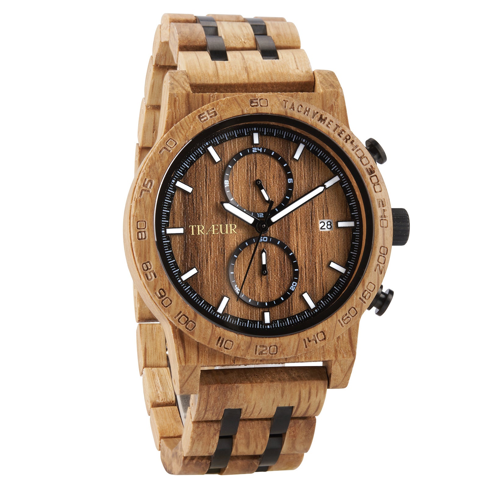 Wooden men's chronograph watch with tachymeter bezel and black accents on band