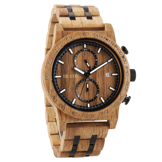 Wooden men's chronograph watch with tachymeter bezel and black accents on band