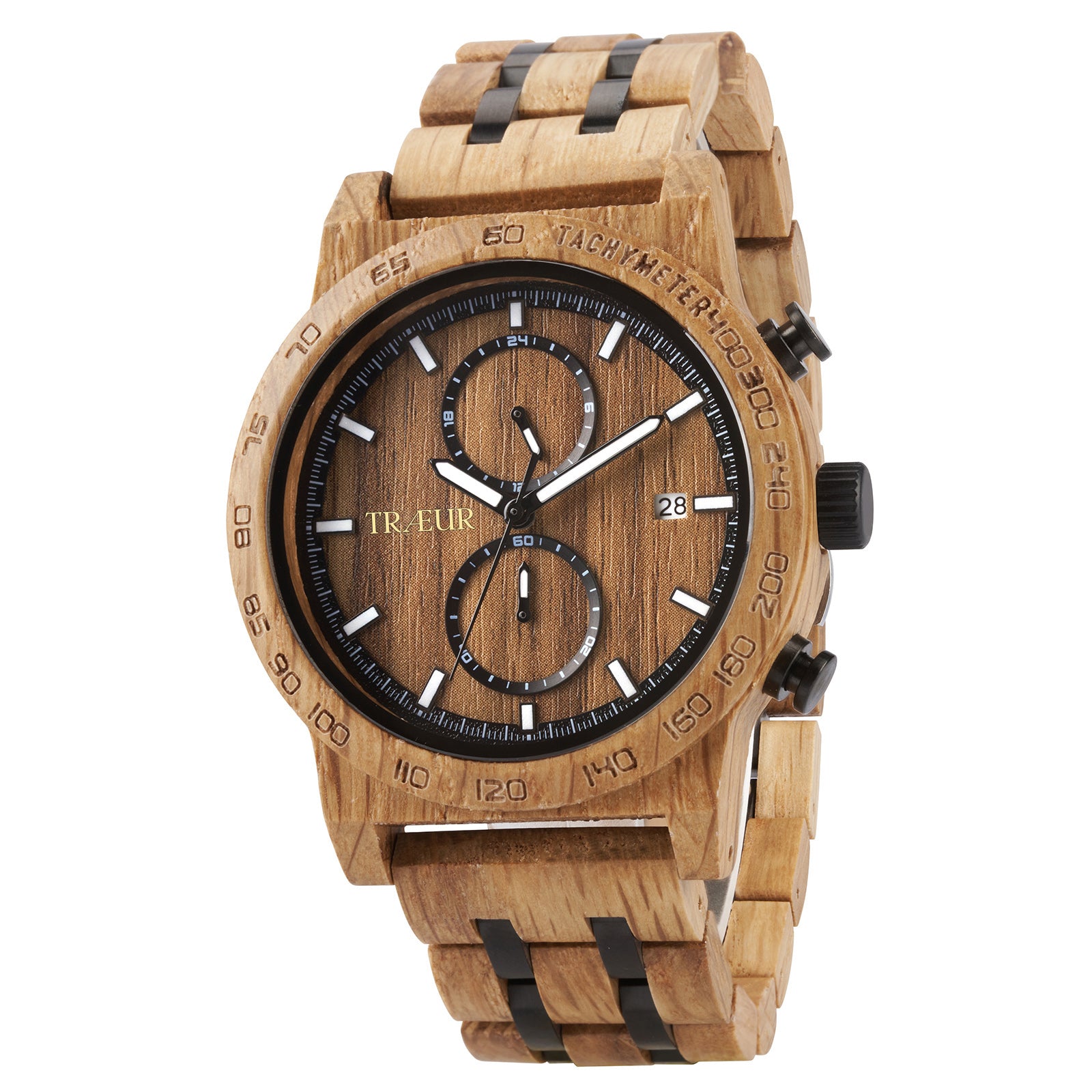Men's wooden wristwatch with dual chronograph, black accents, and tachymeter markings
