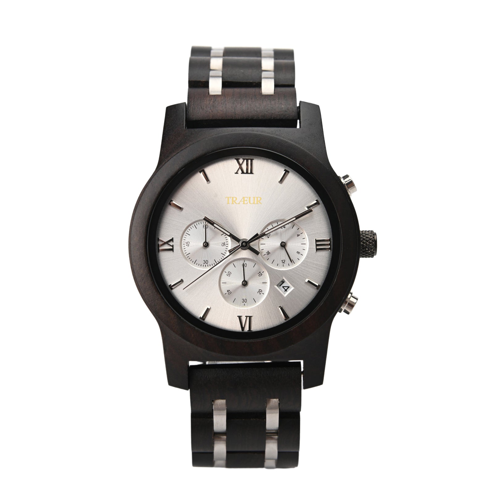 TRÆUR men's wristwatch with silver chronograph dial and dark wood band with metal links