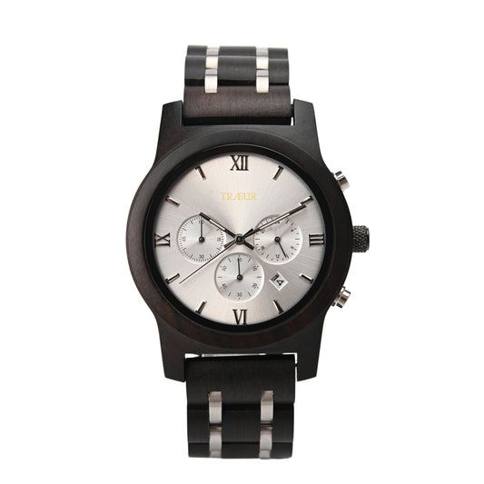 TRÆUR men's wristwatch with silver chronograph dial and dark wood band with metal links