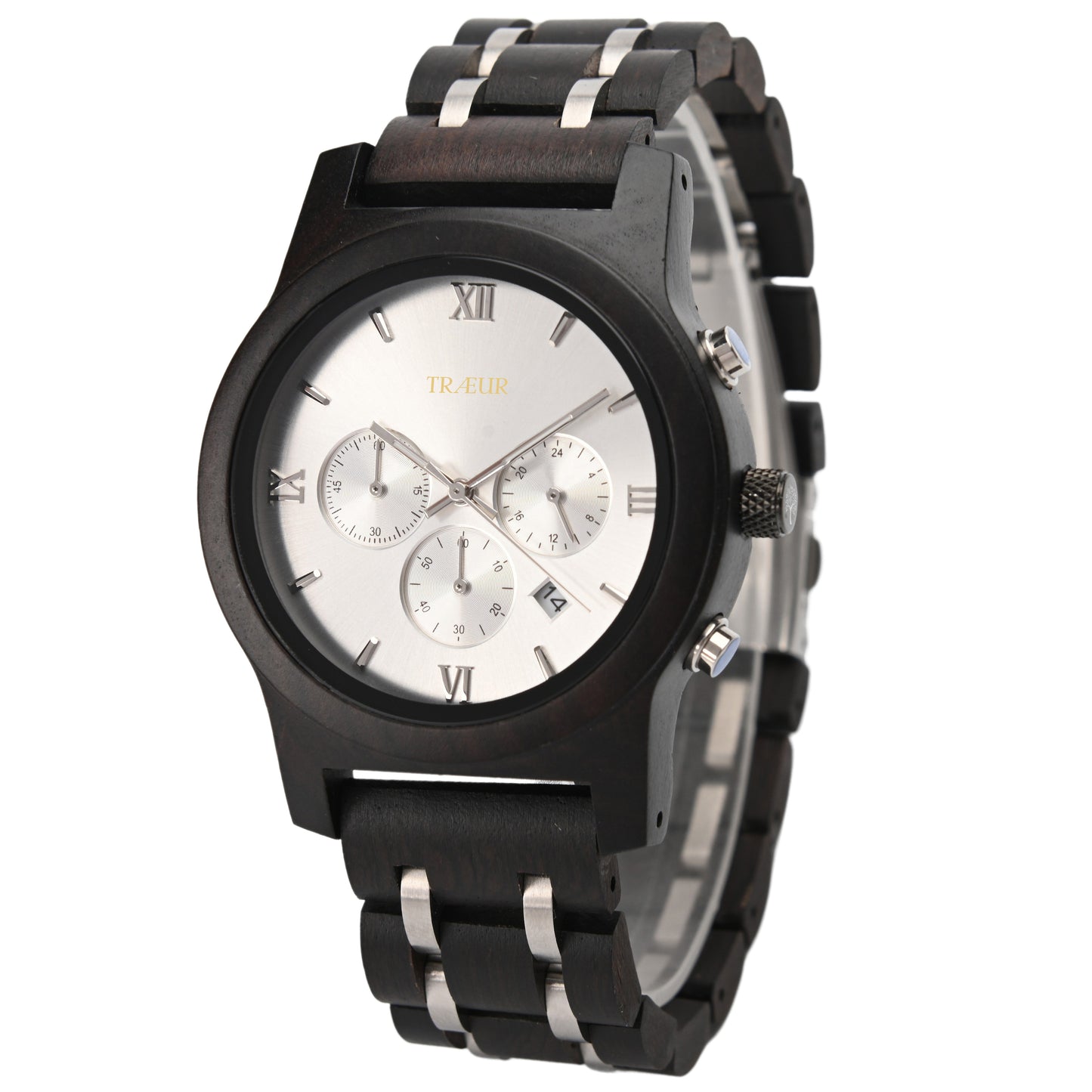 TRAUR men's wristwatch with silver dial, black wooden case, Roman numerals, chronograph, date display, and black wood stainless steel band
