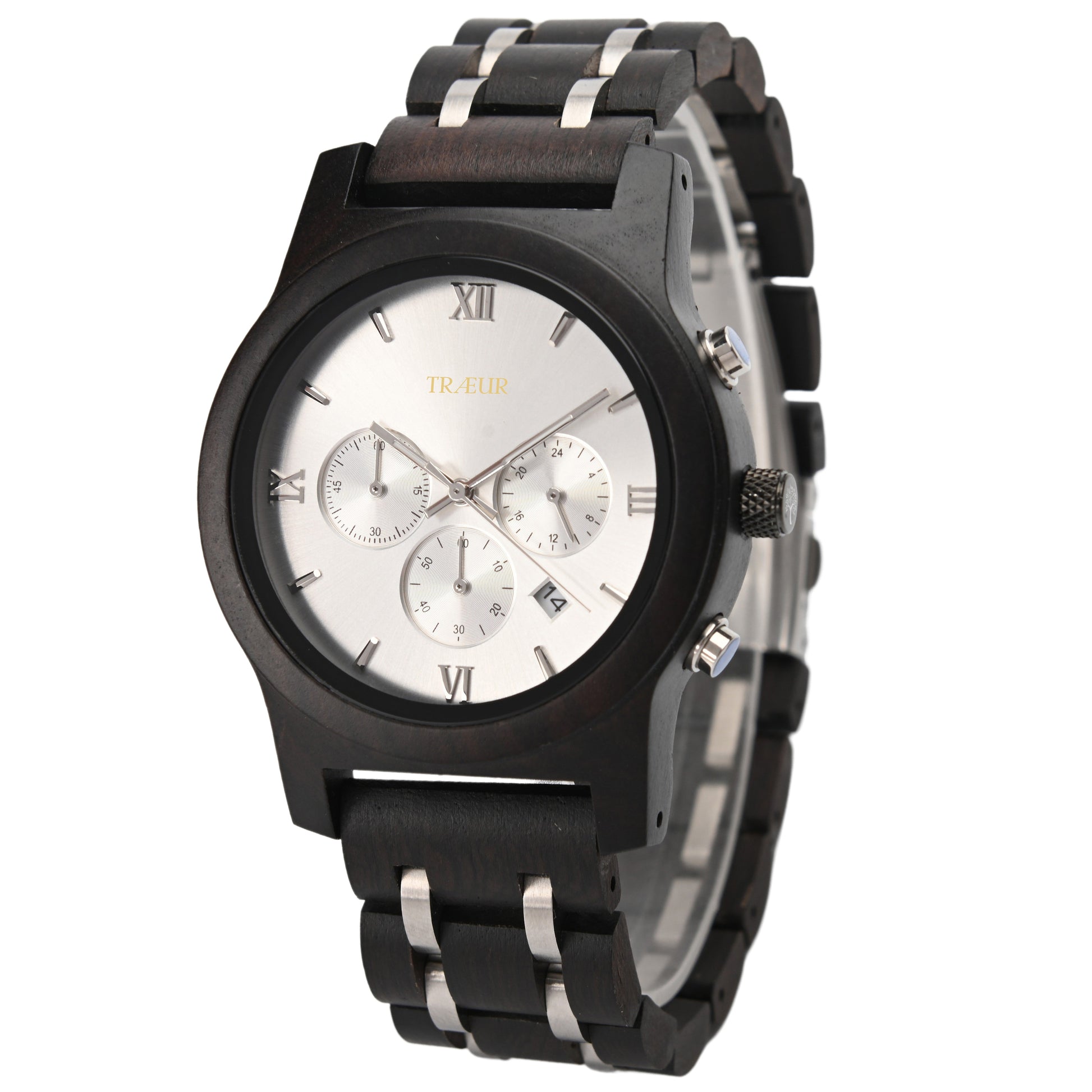 TRAUR men's wristwatch with silver dial, black wooden case, Roman numerals, chronograph, date display, and black wood stainless steel band