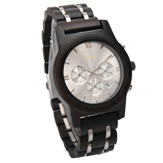 Men's black wooden wristwatch with silver dial, Roman numerals, chronograph, and date display