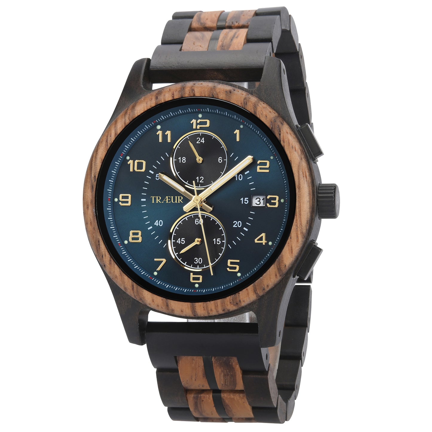 TRÆUR men's wristwatch with black and wood grain band and blue dial featuring gold markers and date display