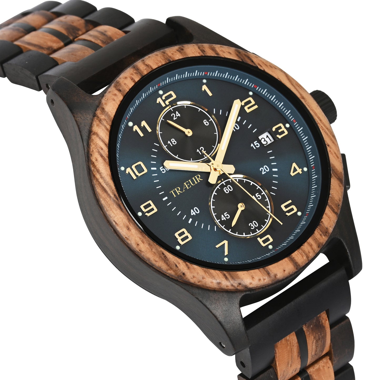Men's wristwatch with black and wood grain band, wooden bezel, blue dial, gold hands and numbers