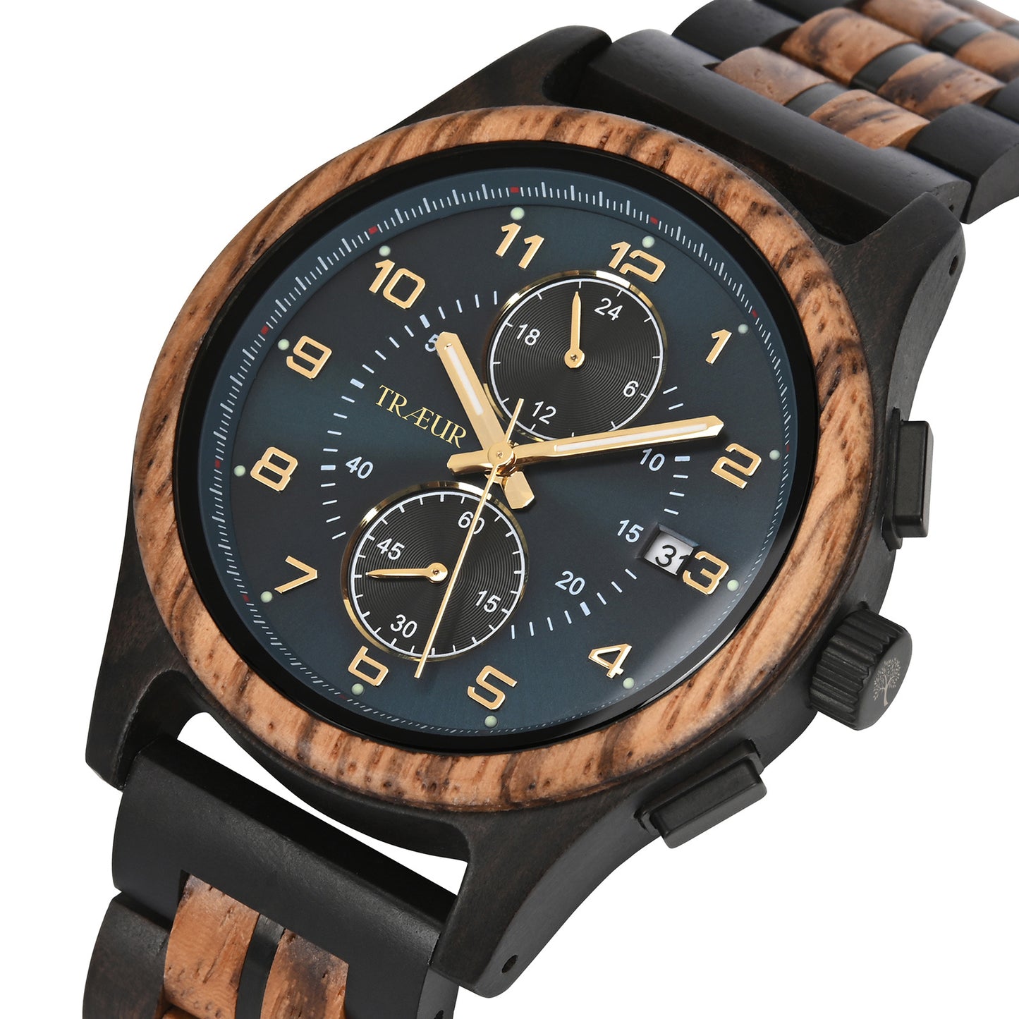 Close-up of luxury wristwatch with wooden bezel and black dial featuring gold hands, subdials, and date window