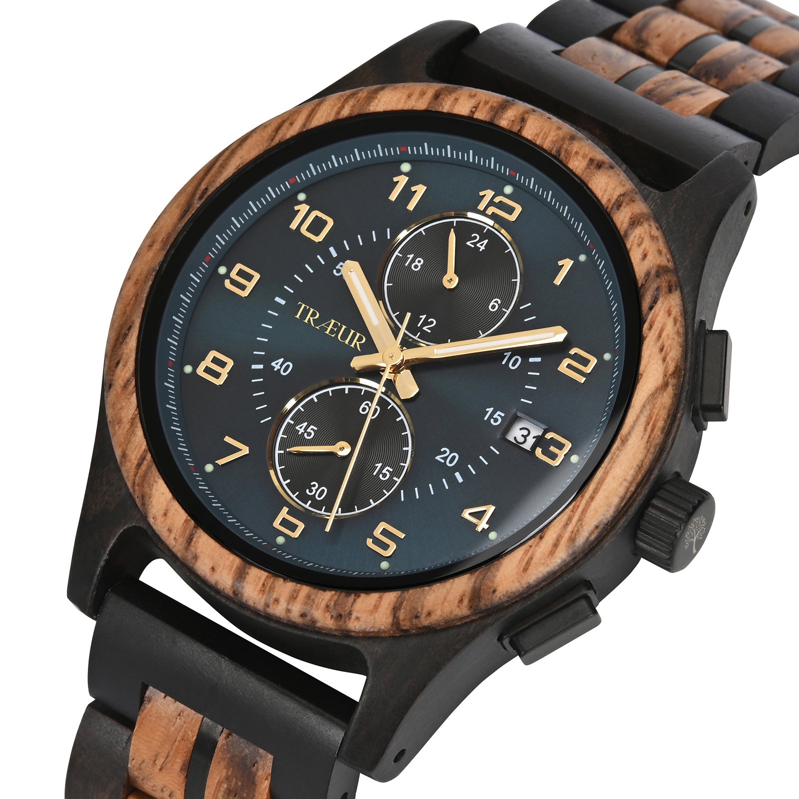 Close-up of luxury wristwatch with wooden bezel and black dial featuring gold hands, subdials, and date window
