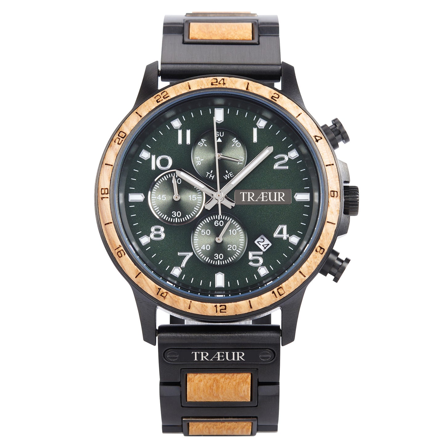 Luxury Træur wristwatch with green dial, black and wood-accented bezel and strap, chronograph features