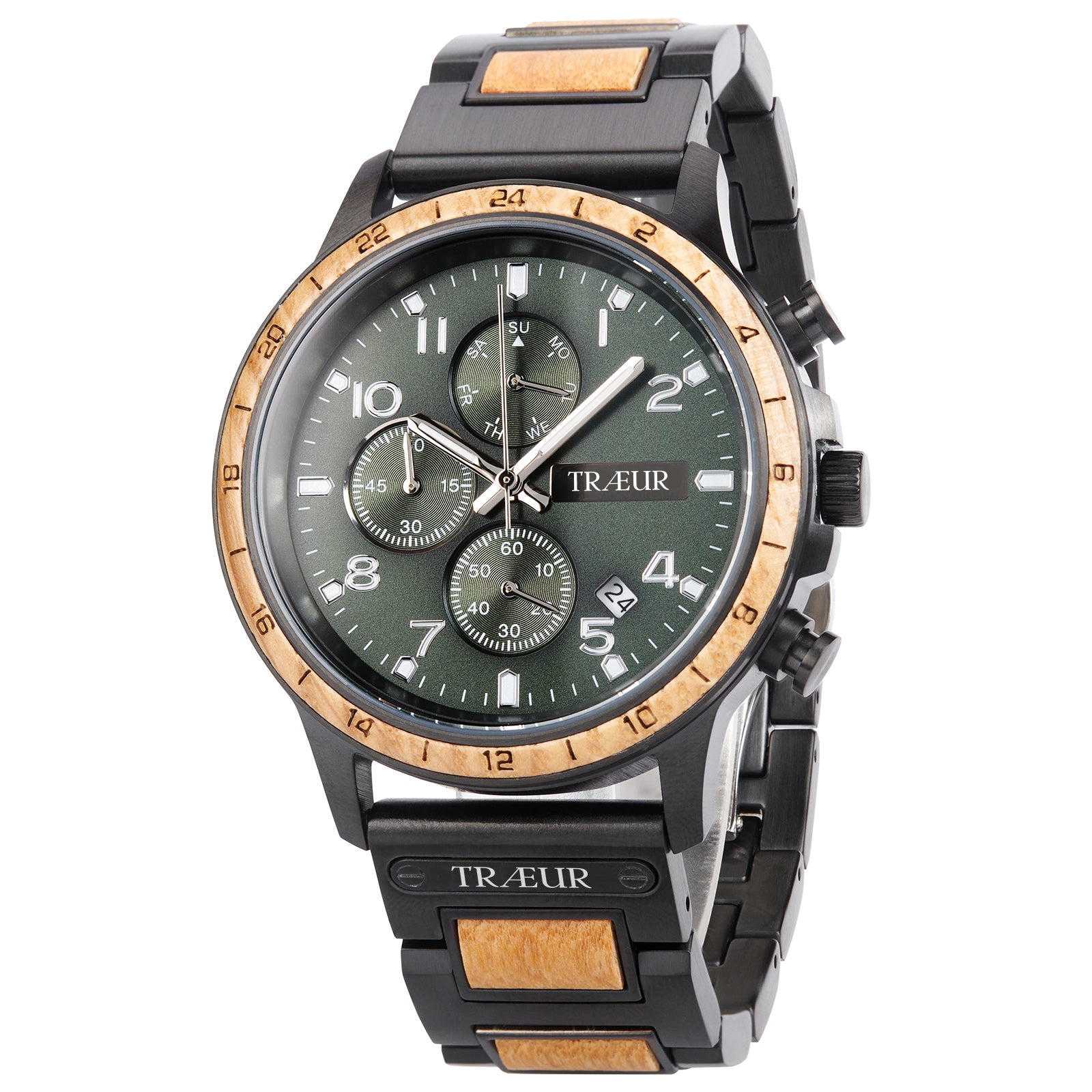 TRÆUR men's wristwatch with green dial, wooden bezel and black wooden strap with wood inlays