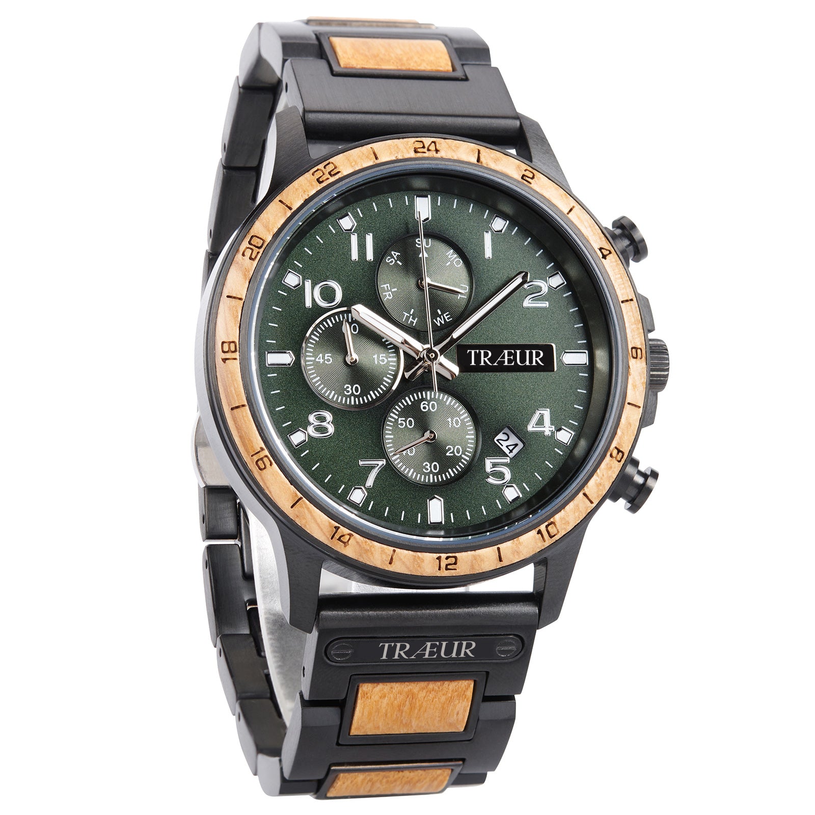 Mens wooden and black metal Chronograph wristwatch with green dial by TRAEUR