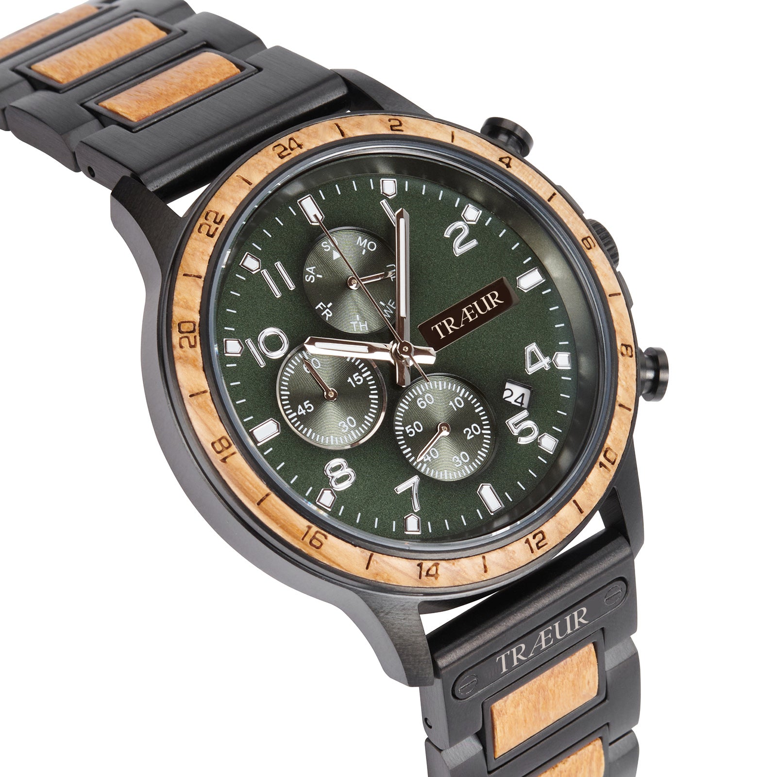 Træur men's wristwatch with green dial, wooden bezel, and black metal band with wood inlays