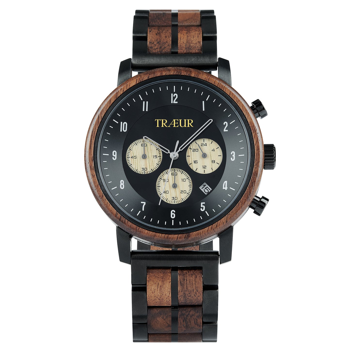 TRÆUR men's wristwatch with black dial, wooden bezel, and matching wood and black metal strap