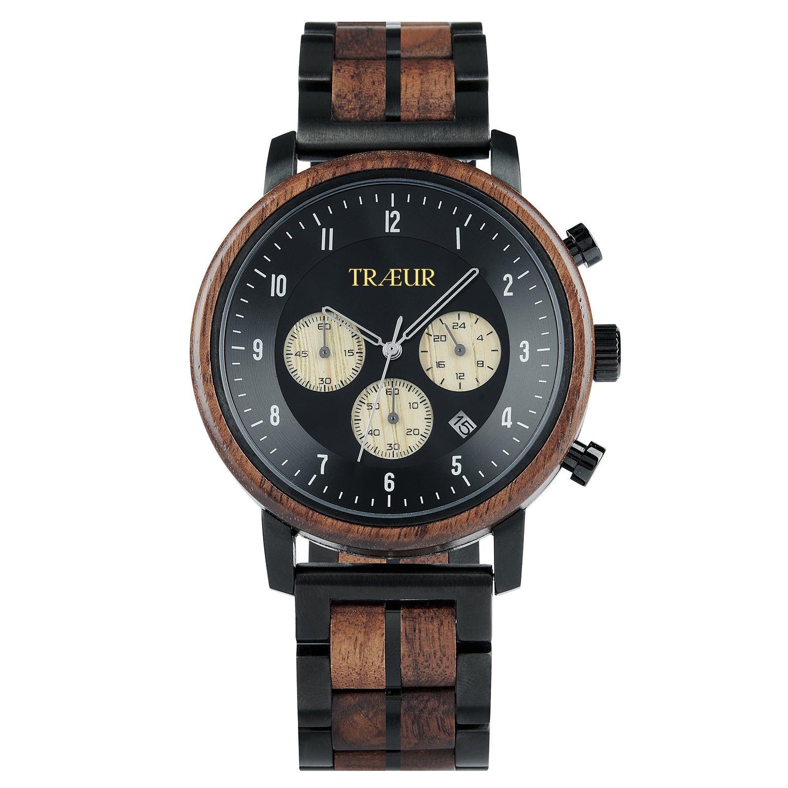 TRÆUR men's wristwatch with black dial, wooden bezel, and matching wood and black metal strap