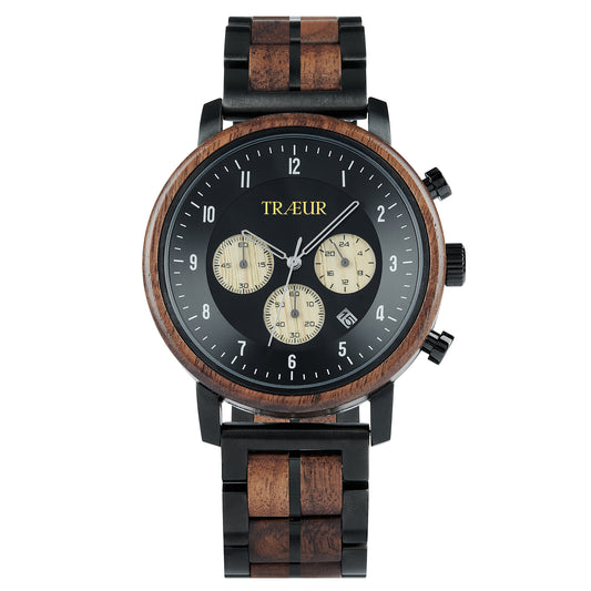 TRÆUR men's wristwatch with black dial, wooden bezel, and matching wood and black metal strap