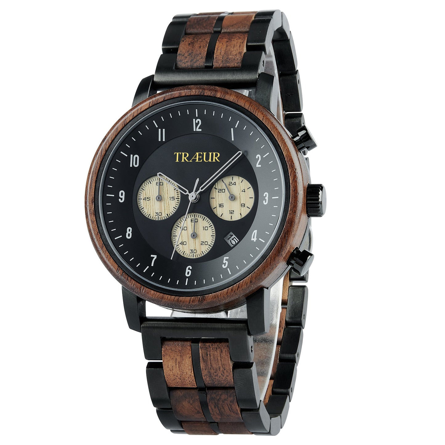 TRÆUR men's wristwatch with black dial, wooden bezel, and wooden-steel linked bracelet