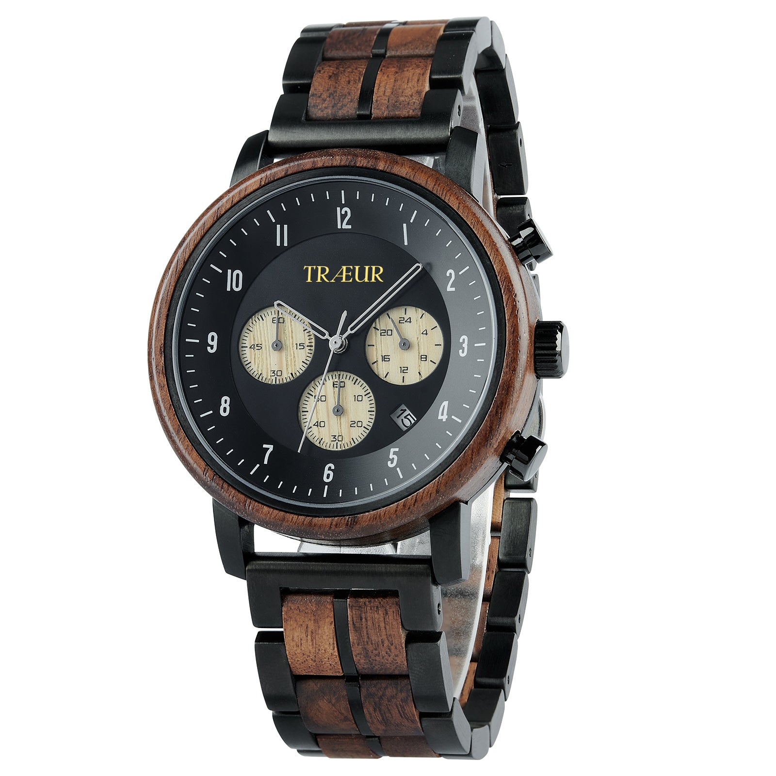 TRÆUR men's wristwatch with black dial, wooden bezel, and wooden-steel linked bracelet