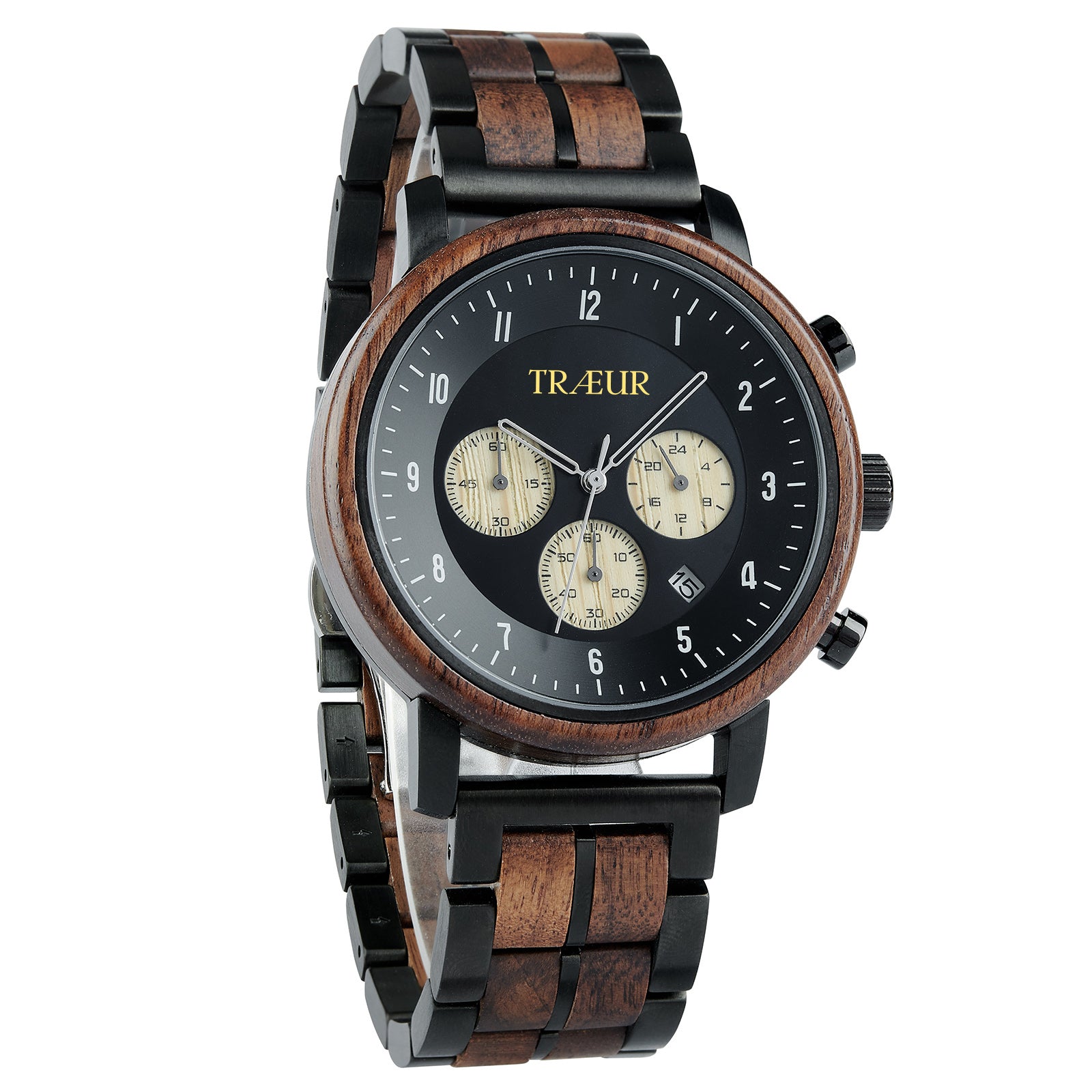 TRÆUR men's chronograph wristwatch with black and wooden links, black dial, and date display