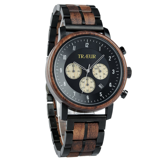 TRÆUR men's chronograph wristwatch with black and wooden links, black dial, and date display