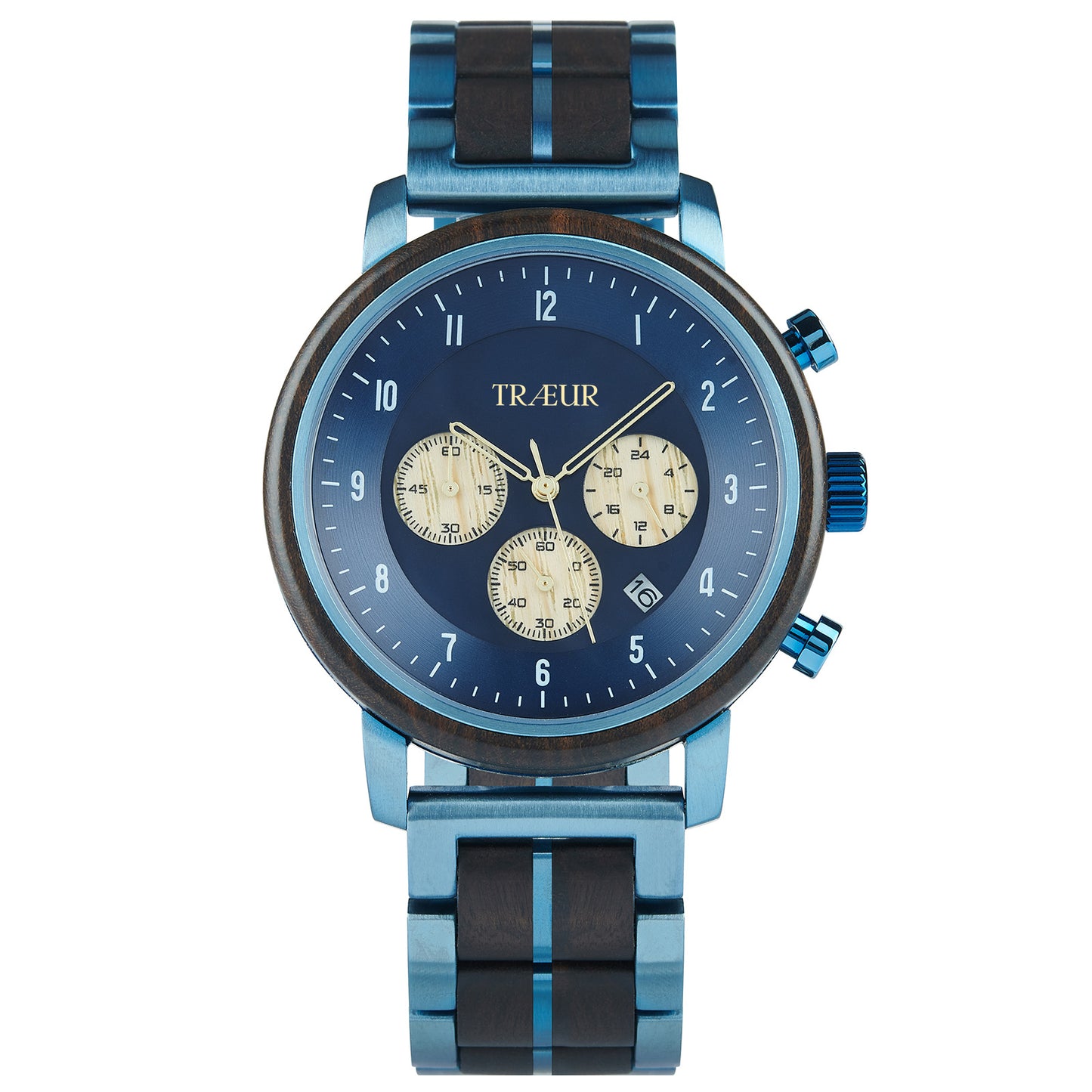 Blue and wooden TRÆUR men's chronograph watch with three subdials and date display