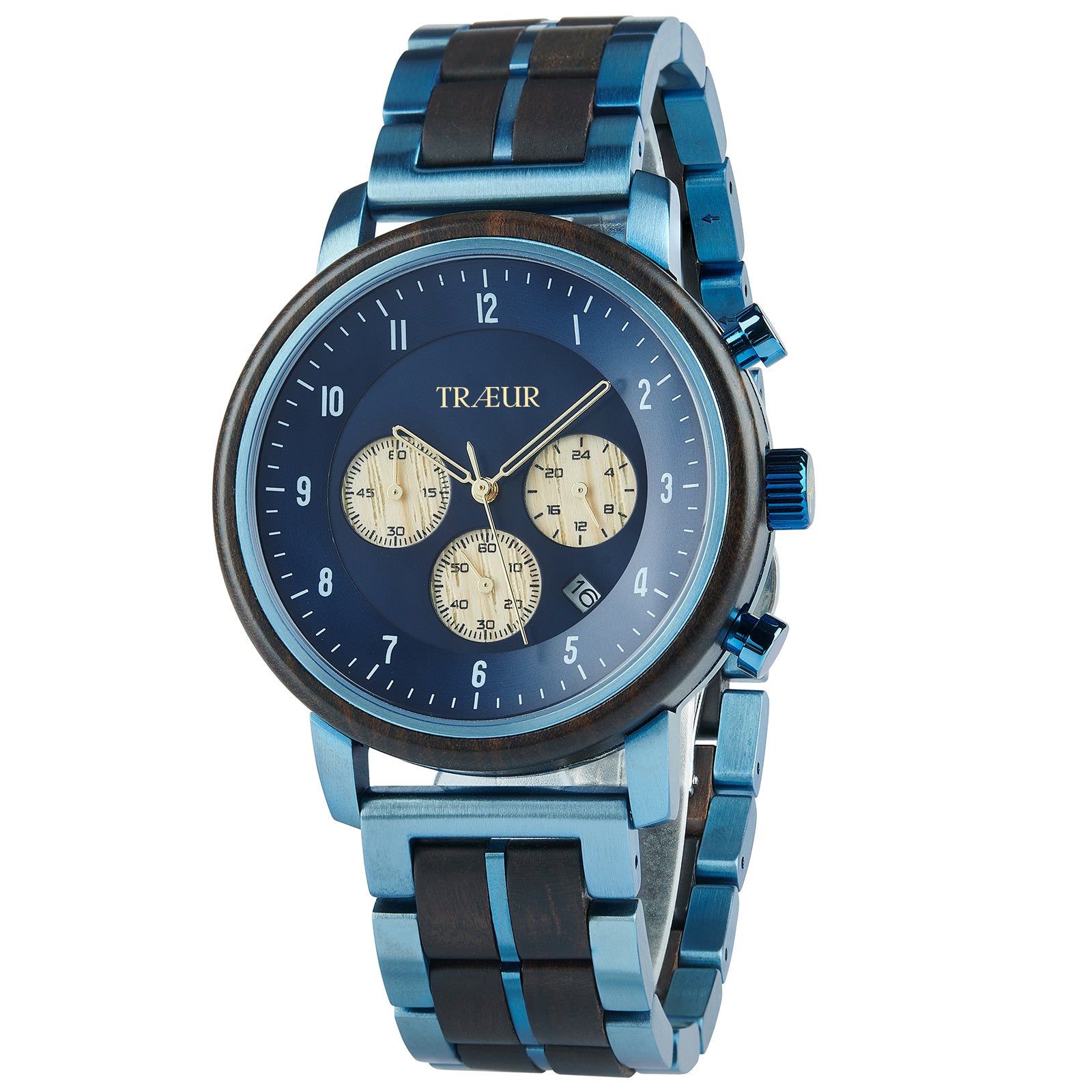 Blue and wood men's chronograph wristwatch with black and blue strap and date display