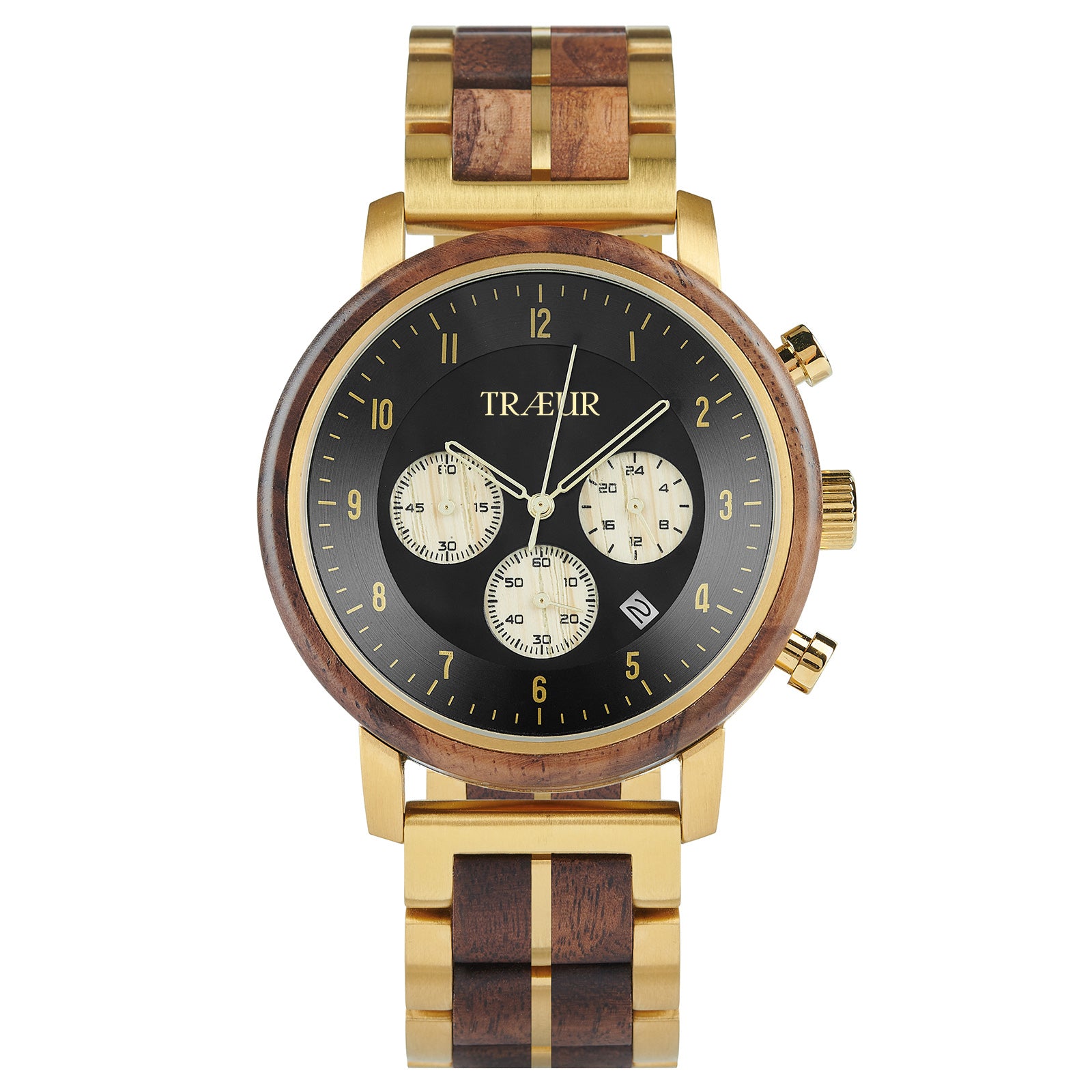 Luxury TRÆUR wristwatch with black dial, gold details, wooden bezel and band links
