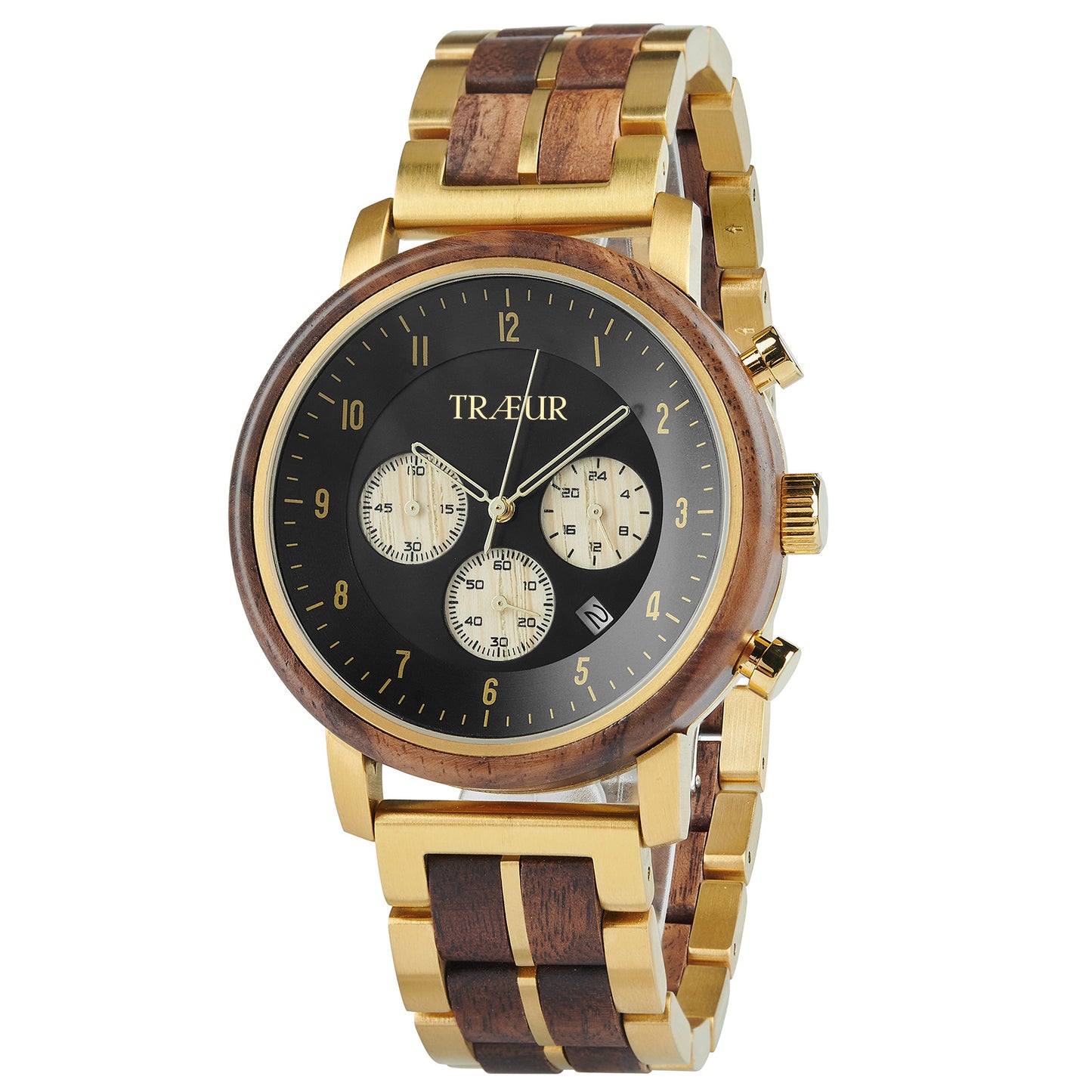 Luxury TRÆUR wristwatch with black dial, gold accents, wood bezel, and wood inlaid metal band