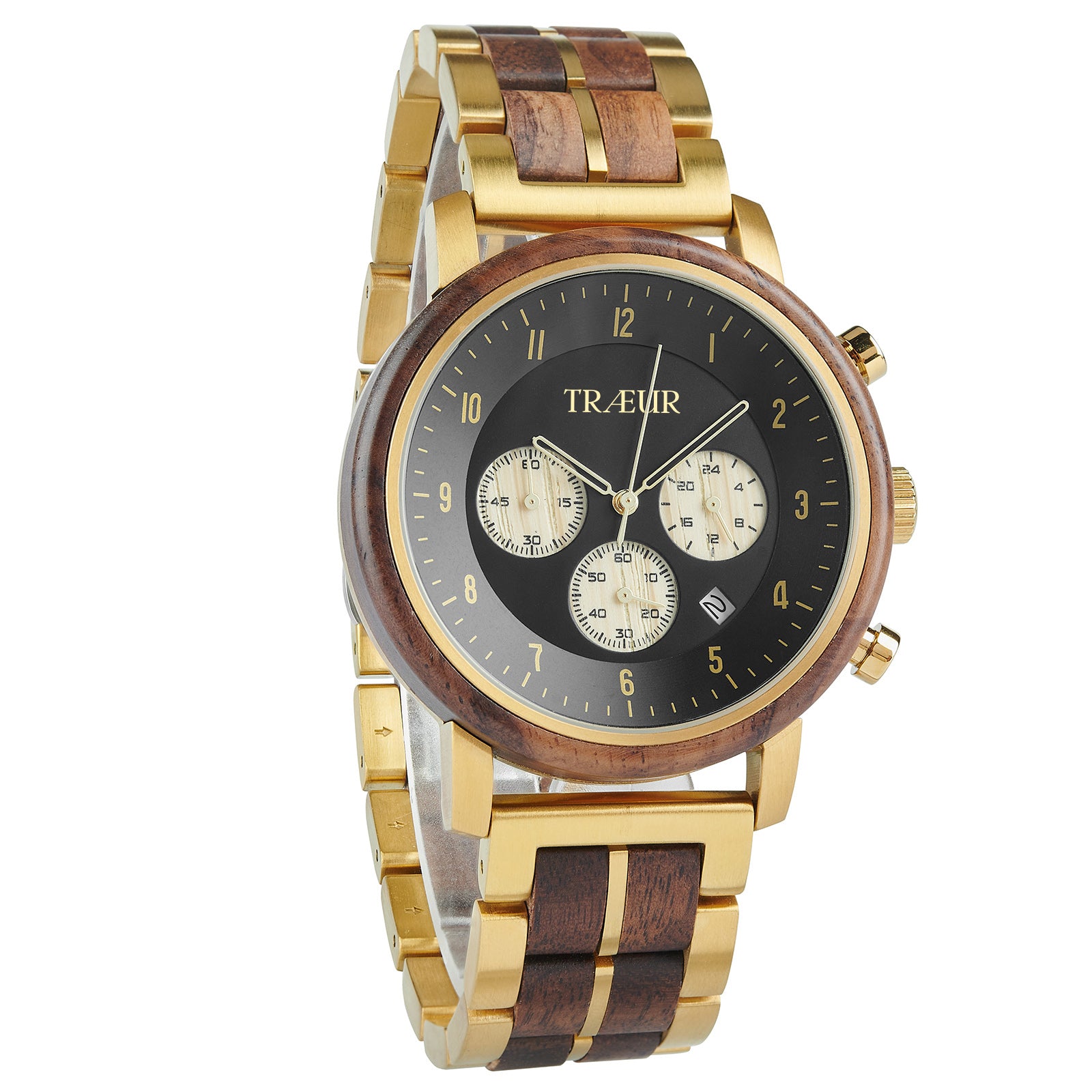 Gold and wood men's wristwatch with black dial featuring three subdials and date display