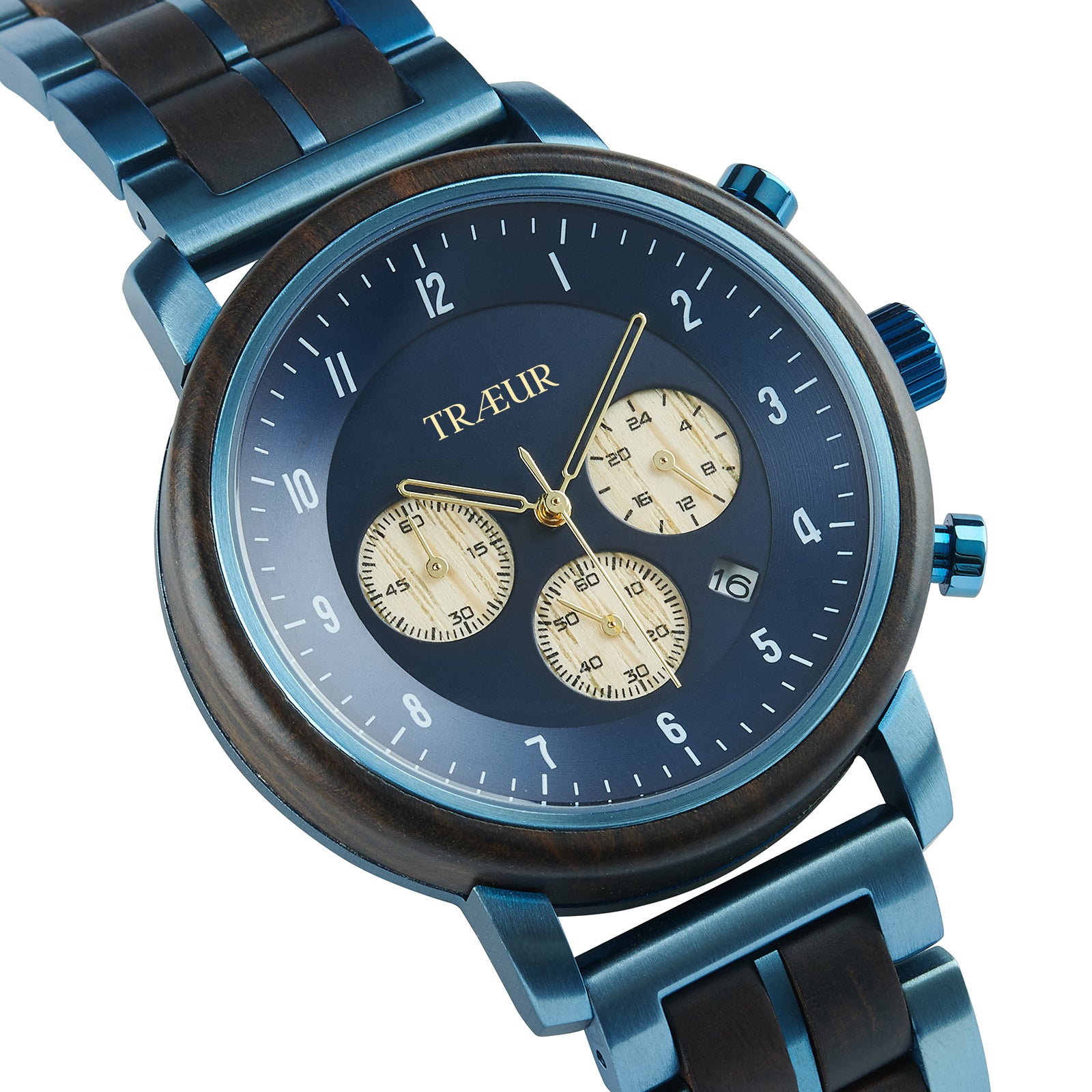 Blue and black men’s wristwatch with wooden dial accents and chronograph subdials by TRAEUR