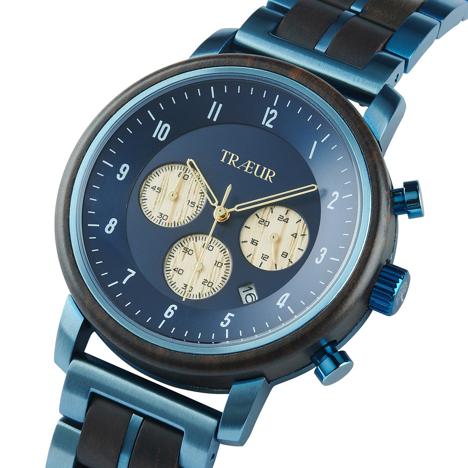 Close-up of blue Træur wristwatch with wood inlays and three dials on white background