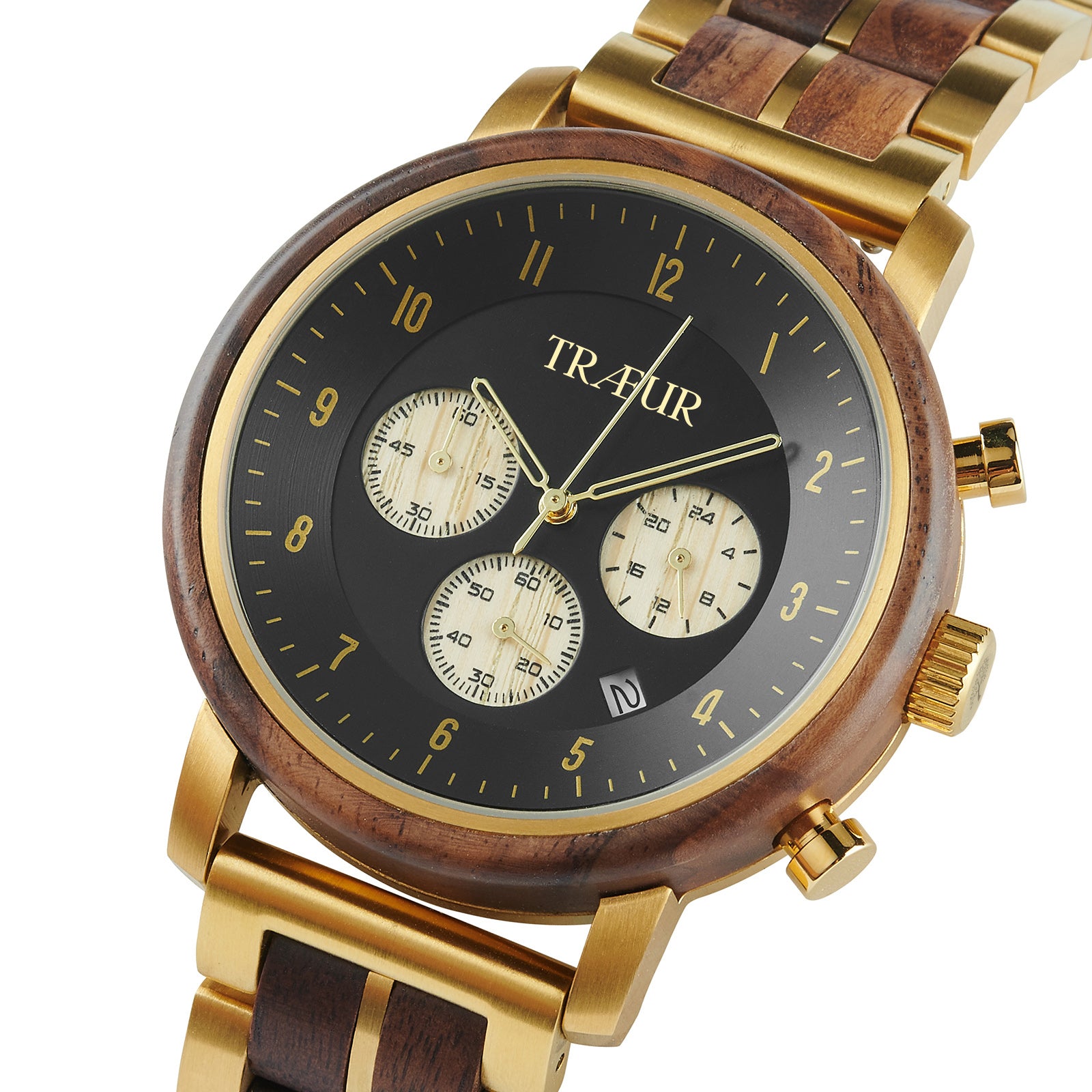 Trauur luxury wristwatch with black dial, gold accents, wooden bezel, and chronograph subdials