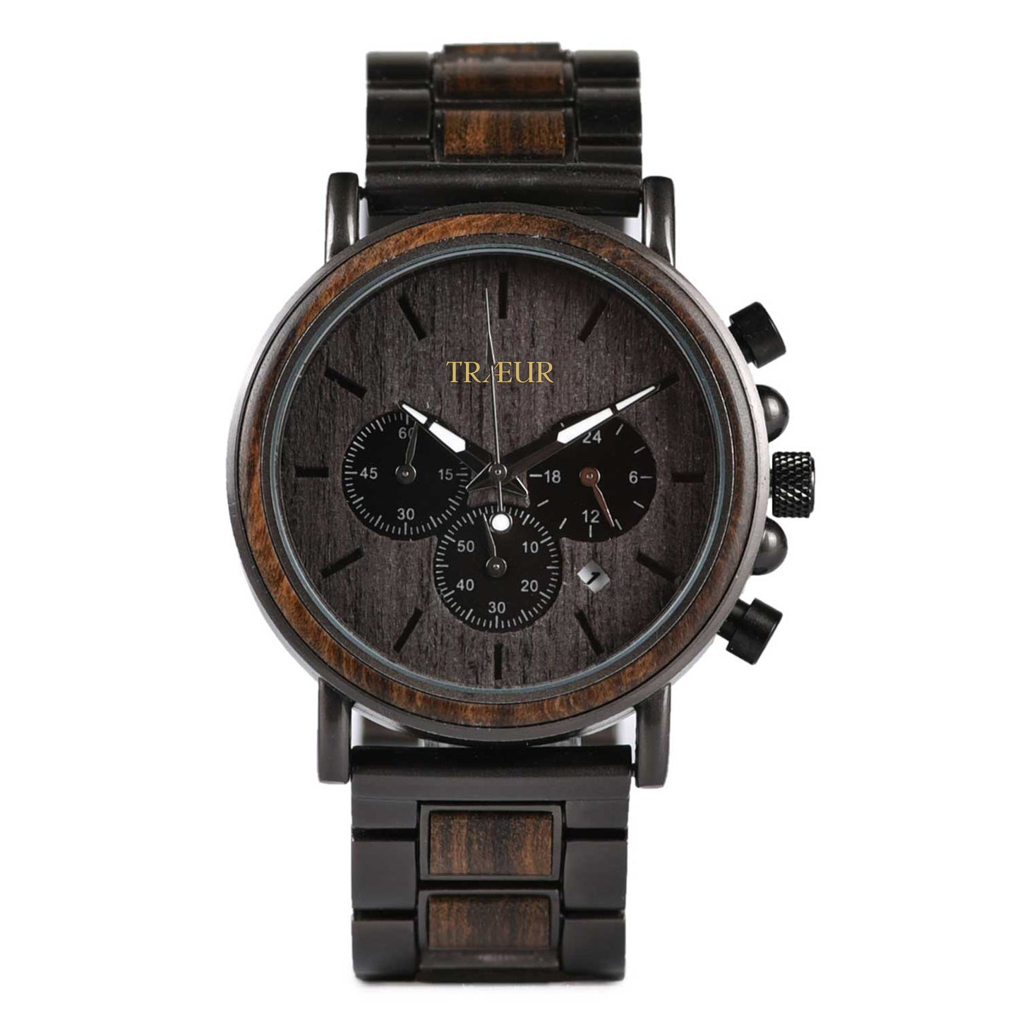 TRÆUR BJERG – Ebony Noir men’s wooden watch with a 44mm black dial, dark metal accents, and handcrafted ebony wood case. Features chronograph and calendar functions, combining Scandinavian minimalism with bold masculine design.