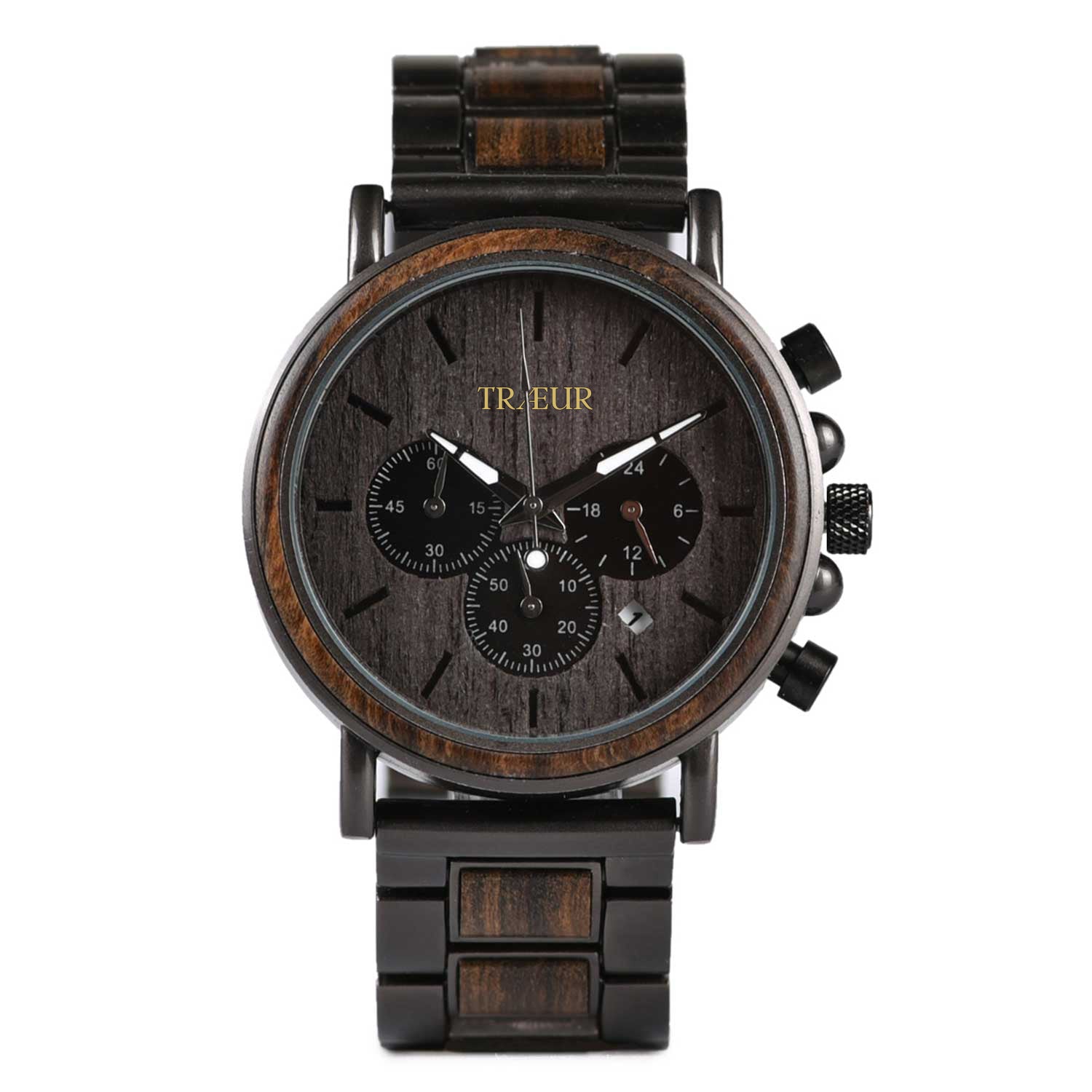 TRÆUR BJERG – Ebony Noir men’s wooden watch with a 44mm black dial, dark metal accents, and handcrafted ebony wood case. Features chronograph and calendar functions, combining Scandinavian minimalism with bold masculine design.