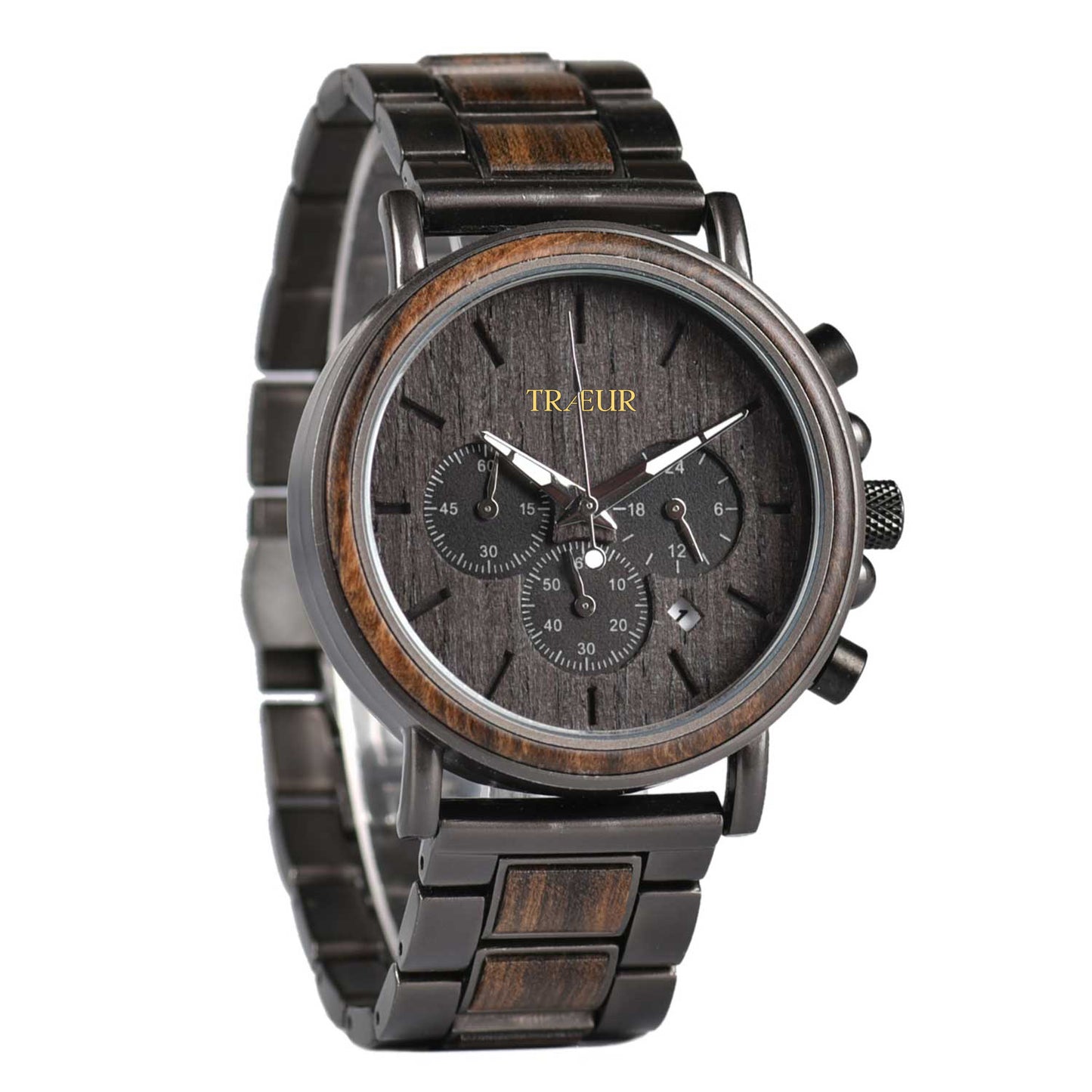 TRÆUR BJERG – Ebony Noir men’s wooden watch with a 44mm black dial, dark metal accents, and handcrafted ebony wood case. Features chronograph and calendar functions, combining Scandinavian minimalism with bold masculine design.