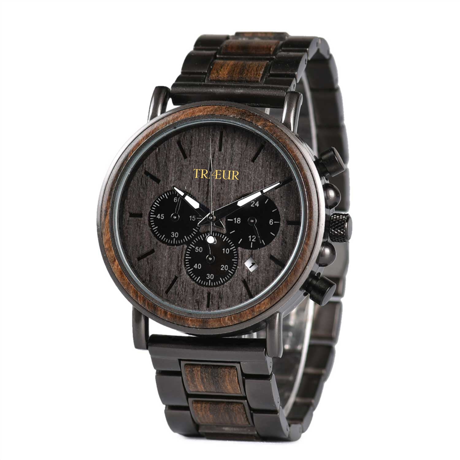 TRÆUR BJERG – Ebony Noir men’s wooden watch with a 44mm black dial, dark metal accents, and handcrafted ebony wood case. Features chronograph and calendar functions, combining Scandinavian minimalism with bold masculine design.