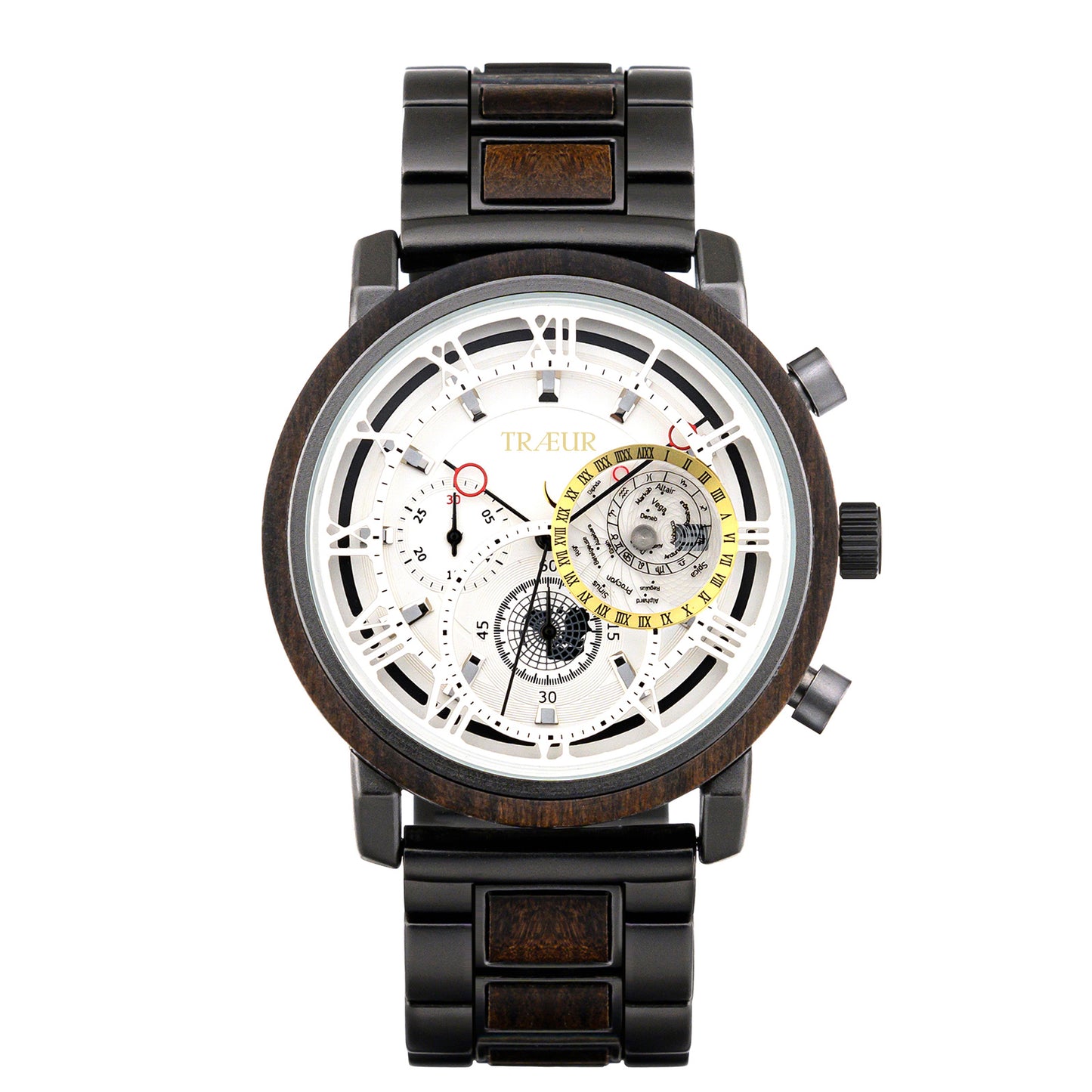 TRAEUR men's wristwatch with wooden bezel, black metal band, and white dial featuring multiple subdials