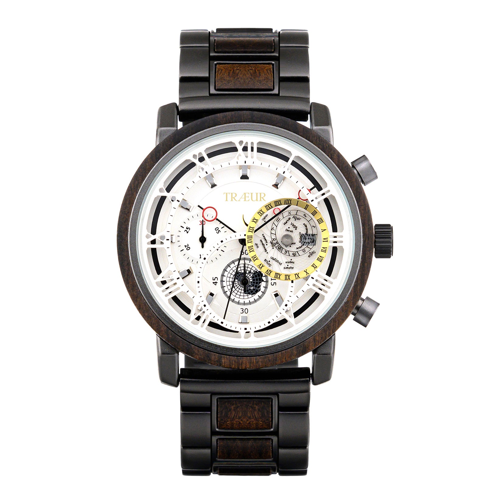 TRAEUR men's wristwatch with wooden bezel, black metal band, and white dial featuring multiple subdials