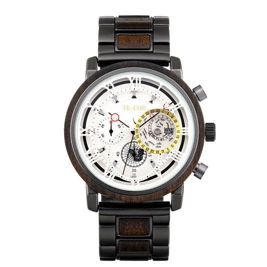 TRAEUR men's wristwatch with wooden bezel, black metal band, and white dial featuring multiple subdials