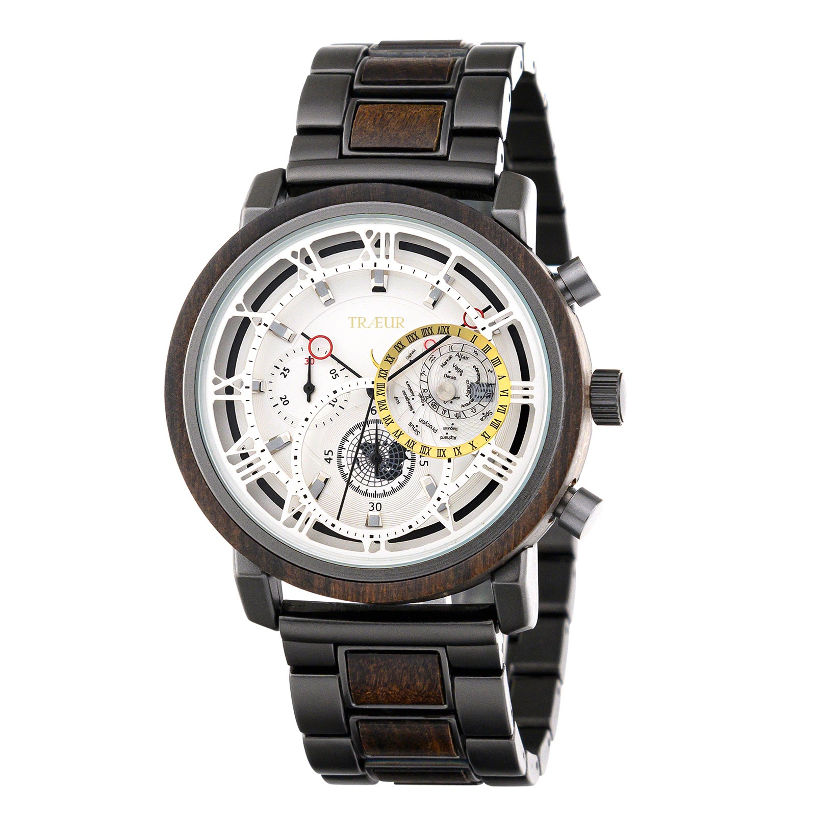 TRAUR wristwatch with black metal and wood band, white dial, intricate subdials, and roman numeral markers