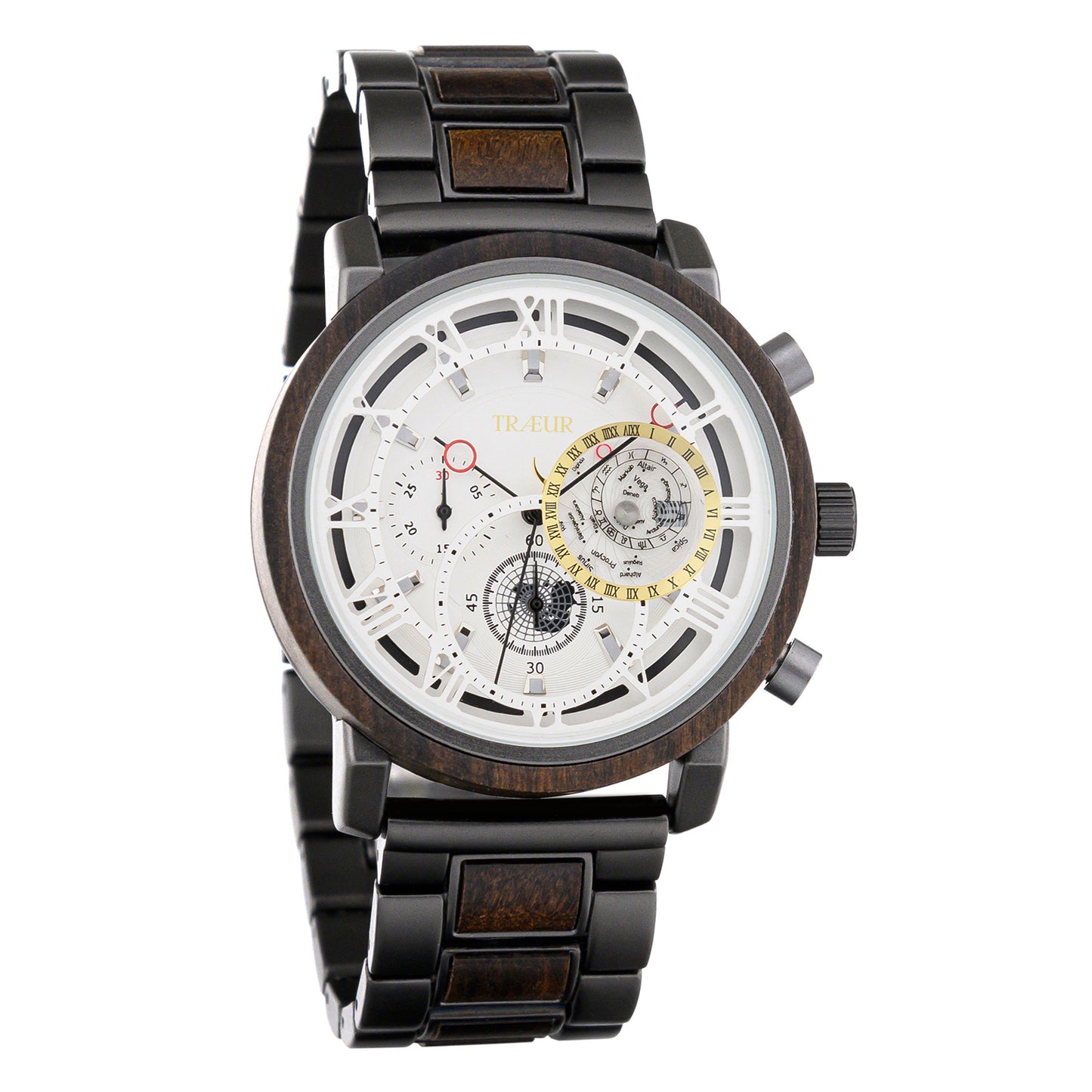 Men's analog wristwatch with black metal and wood band, white dial, Roman numerals, and chronograph features