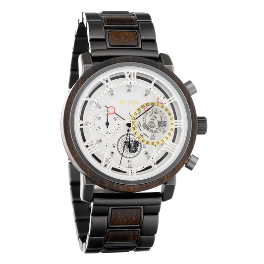 Men's analog wristwatch with black metal and wood band, white dial, Roman numerals, and chronograph features