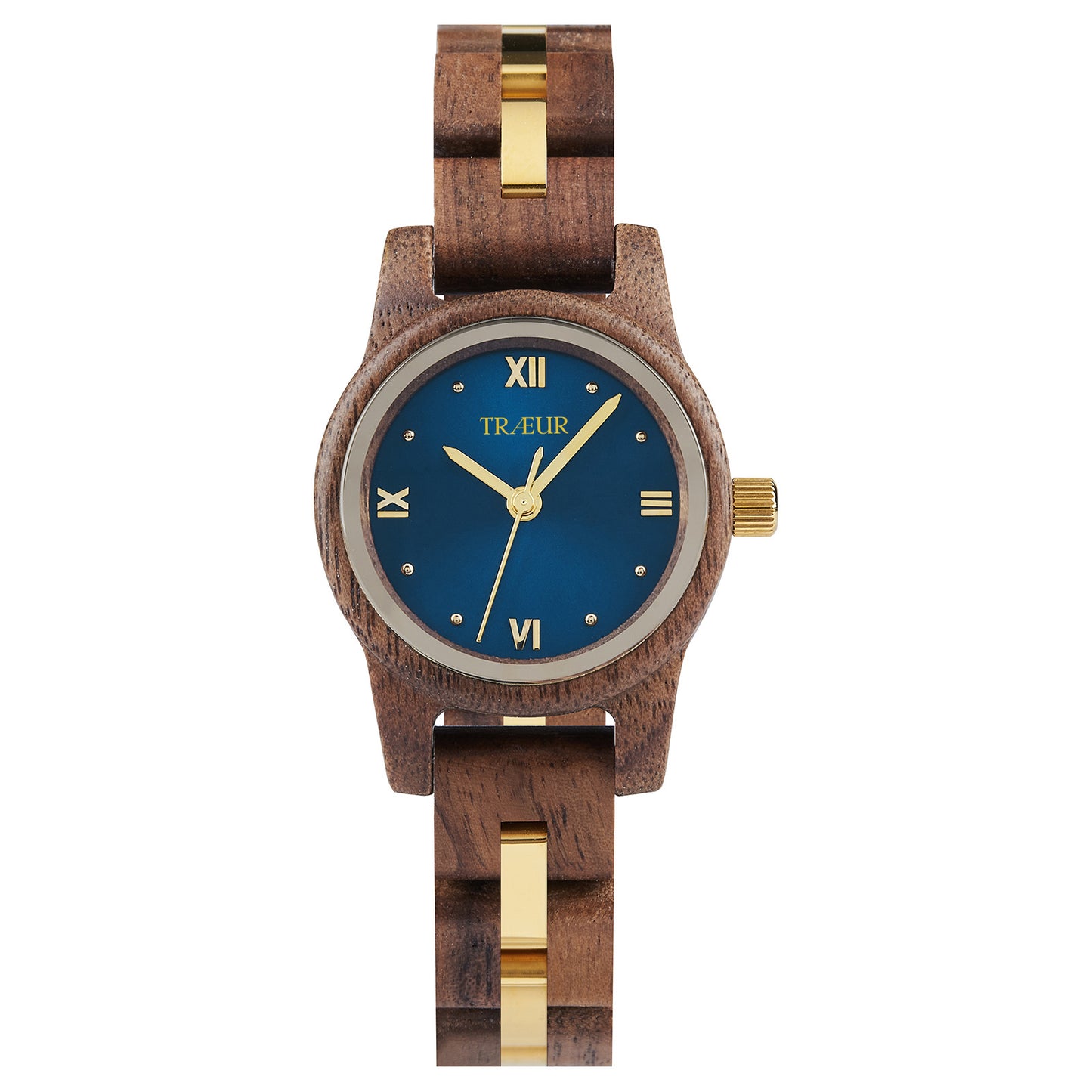 Wooden watch with blue dial, gold hands, Roman numerals, and gold accents on strap