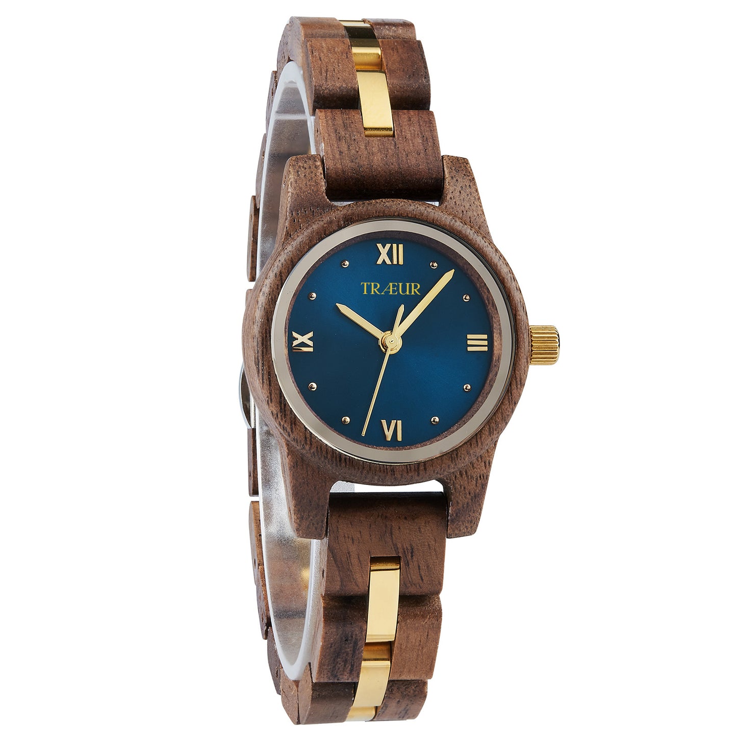 Wooden wristwatch with gold accents and blue dial featuring Roman numerals and brand name TRAEUR