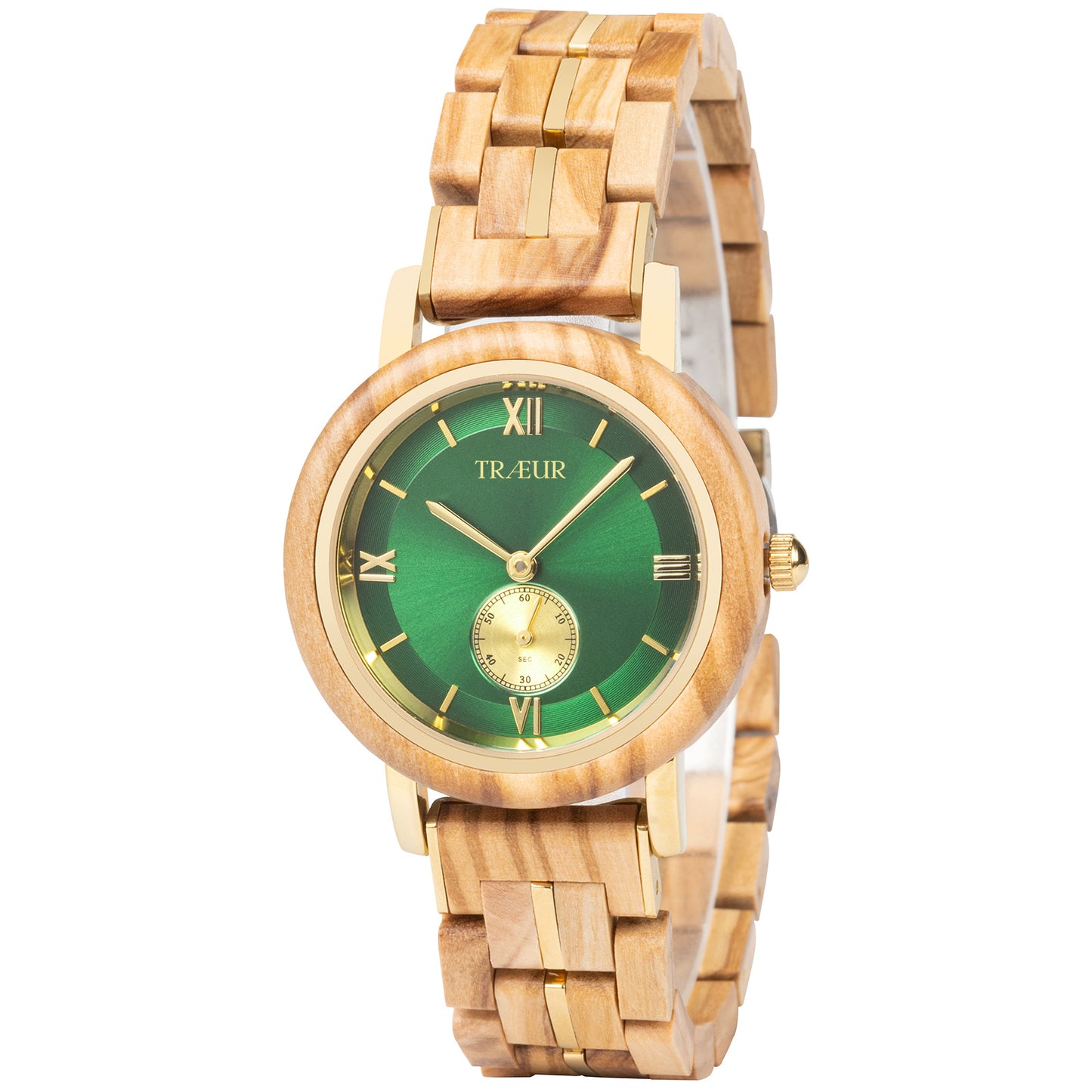 Elegant wooden wristwatch with green dial and gold accents on wooden link bracelet