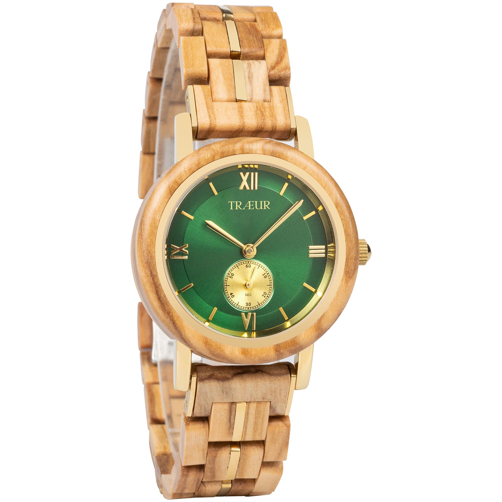 Wooden wristwatch with green dial, gold Roman numerals, and gold-accented wooden band