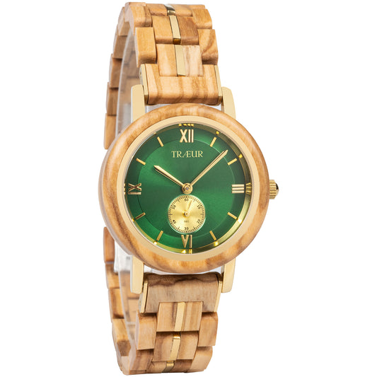 Wooden wristwatch with green dial, gold Roman numerals, and gold-accented wooden band